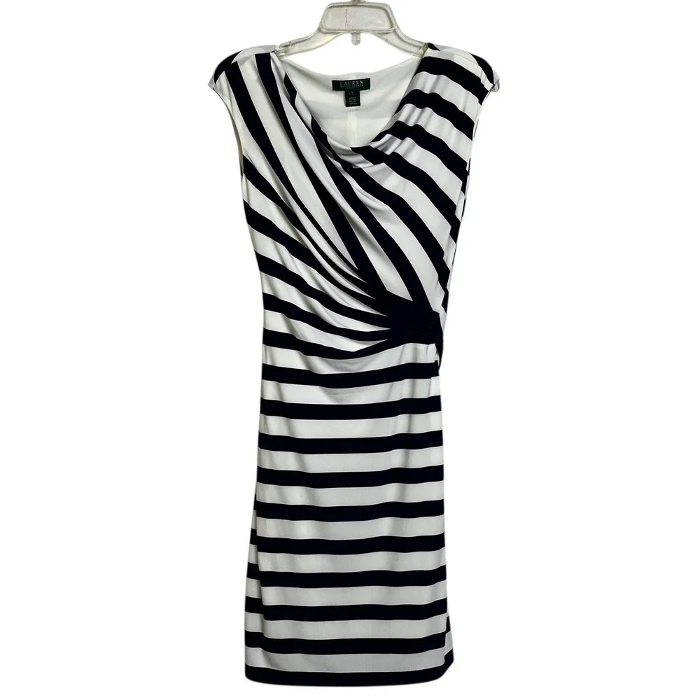 Lauren Ralph Lauren Navy‎ White Striped Draped Neck Sheath Dress Size 4